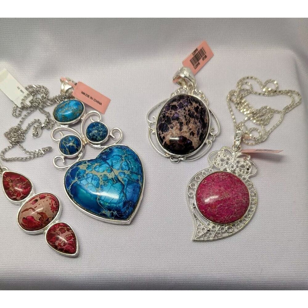Jasper Stone Pendants w/ 925 Silver Chain Necklace Jewelry Lot Of 6